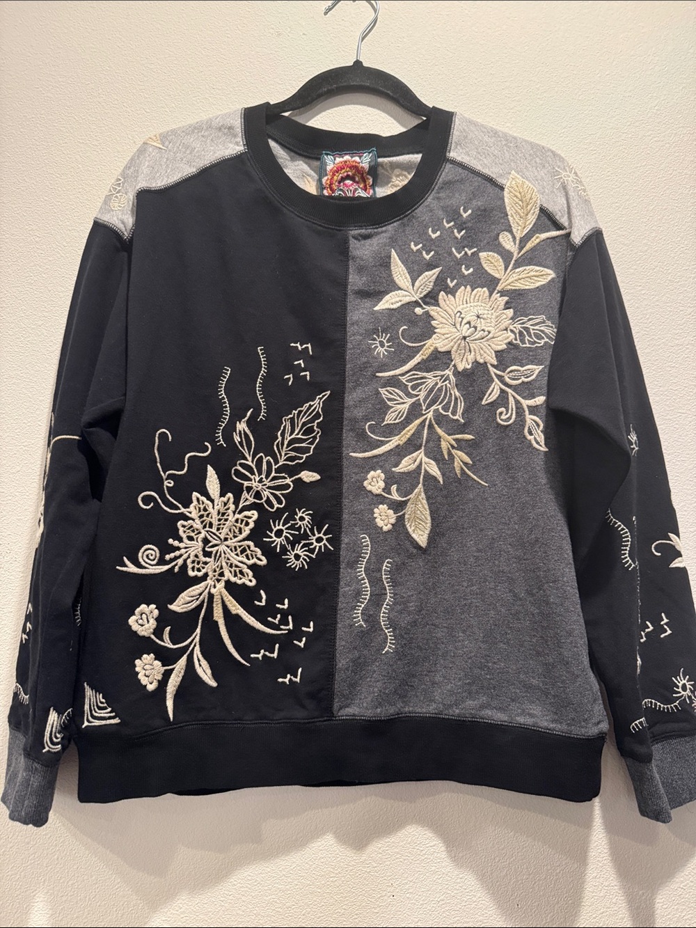 Johnny Was Black & Gray Embroidered Floral Crewneck Sweater